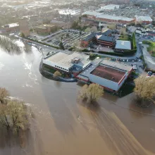 Aerial view of flood defences in operation