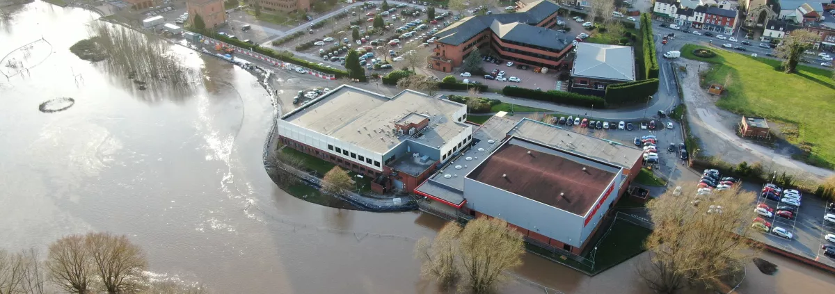Aerial view of flood defences in operation