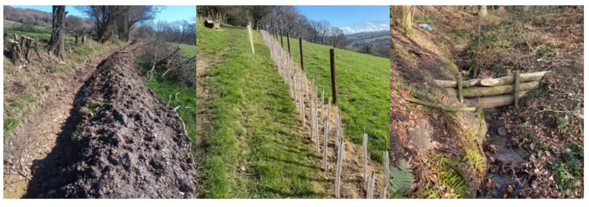 1. A flow pathway bund and ditch. 2. Cross-slope hedgerow and woodland block creation.  3. A recently constructed in channel leaky barrier. Pictures from Don Catchment Rivers Trust