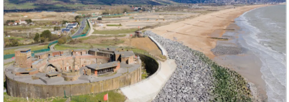 The completed Hythe Ranges low-carbon concrete sea defence scheme. Picture from EA