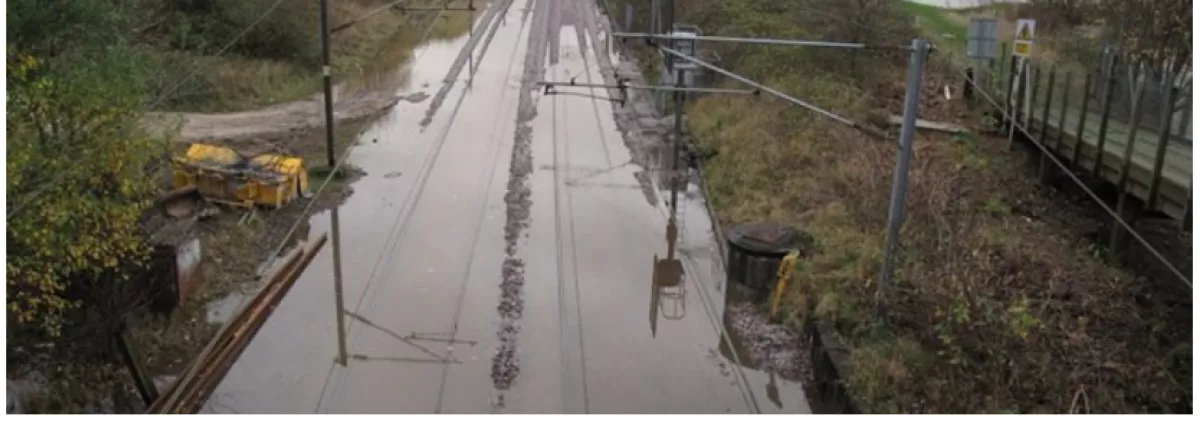 Flooded Network Rail track. Picture from JBA Consulting