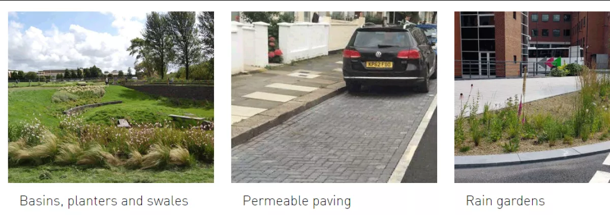 Basins, planters, swales, permeable paving and rain gardens in Mansfield. Image from Severn Trent Water